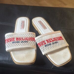 True Religion Cream and Red Slide Sandals